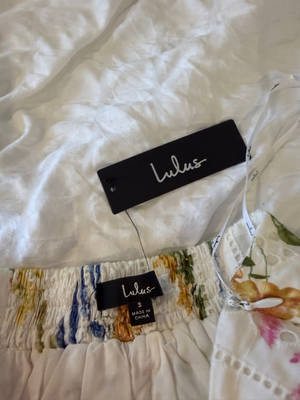 Lulu's White A-Line Eyelet Skirt with Pink, Blue & Yellow Floral Print - Picture 2 of 5